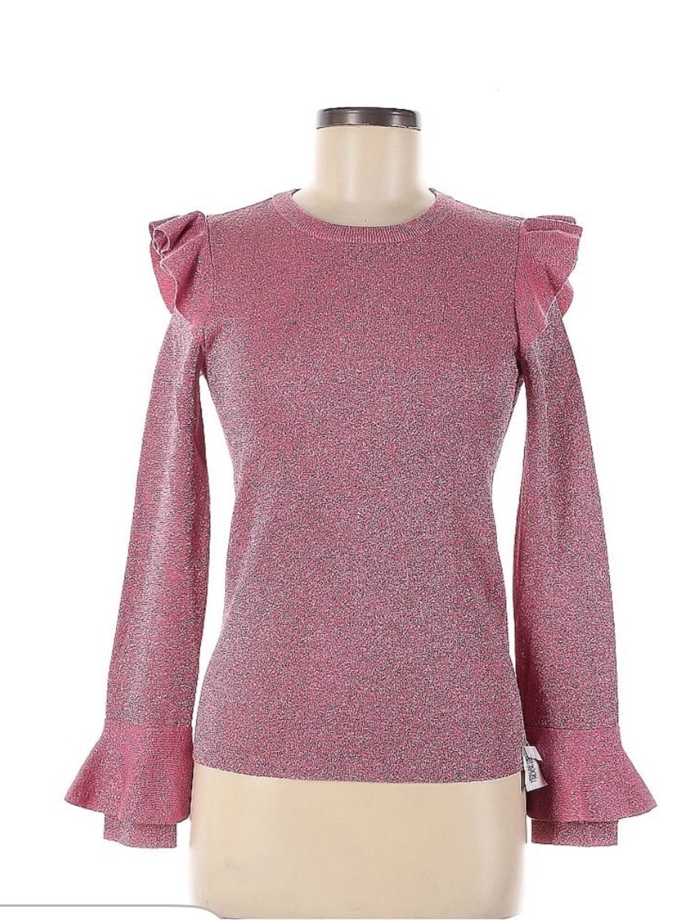 Alice + Olivia Shimmery Pink Ruffle-Shoulder Long Sleeve Top